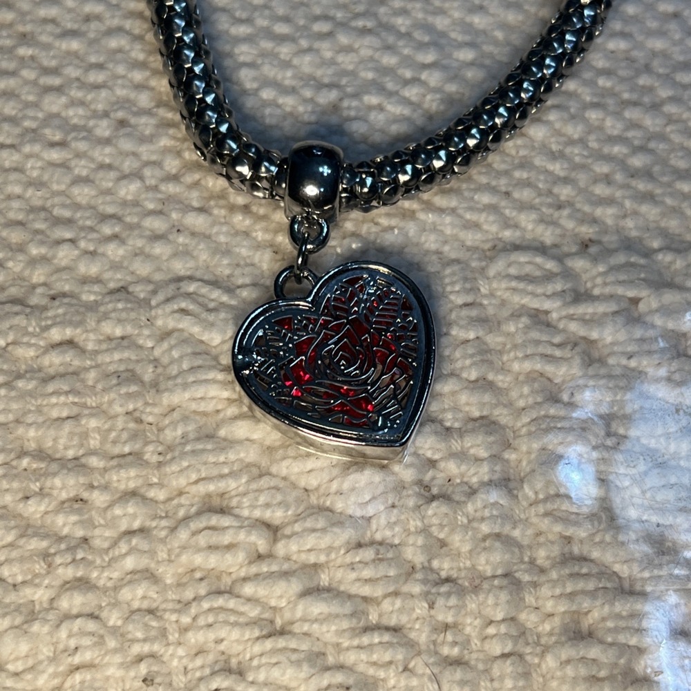 Silver rose, charm, bracelet Popcorn Chain Heart Flower rhinestone Silver Plated - Picture 8 of 10